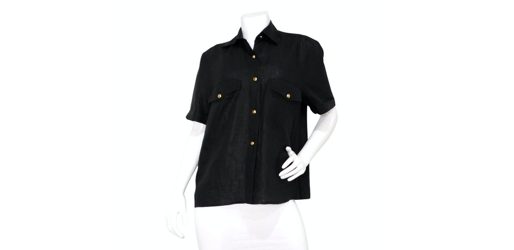Chanel Black Linen Interlocking CC Button-Up Short Sleeve Shirt circa 1980s