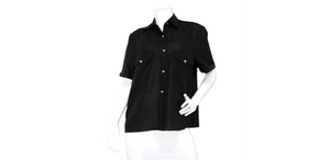 Chanel Black Linen Interlocking CC Button-Up Short Sleeve Shirt circa 1980s