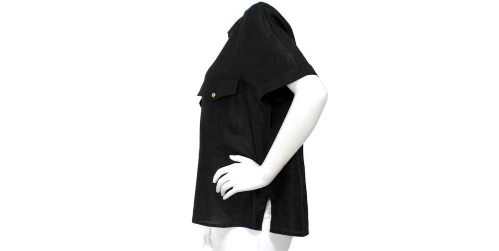 Chanel Black Linen Interlocking CC Button-Up Short Sleeve Shirt circa 1980s