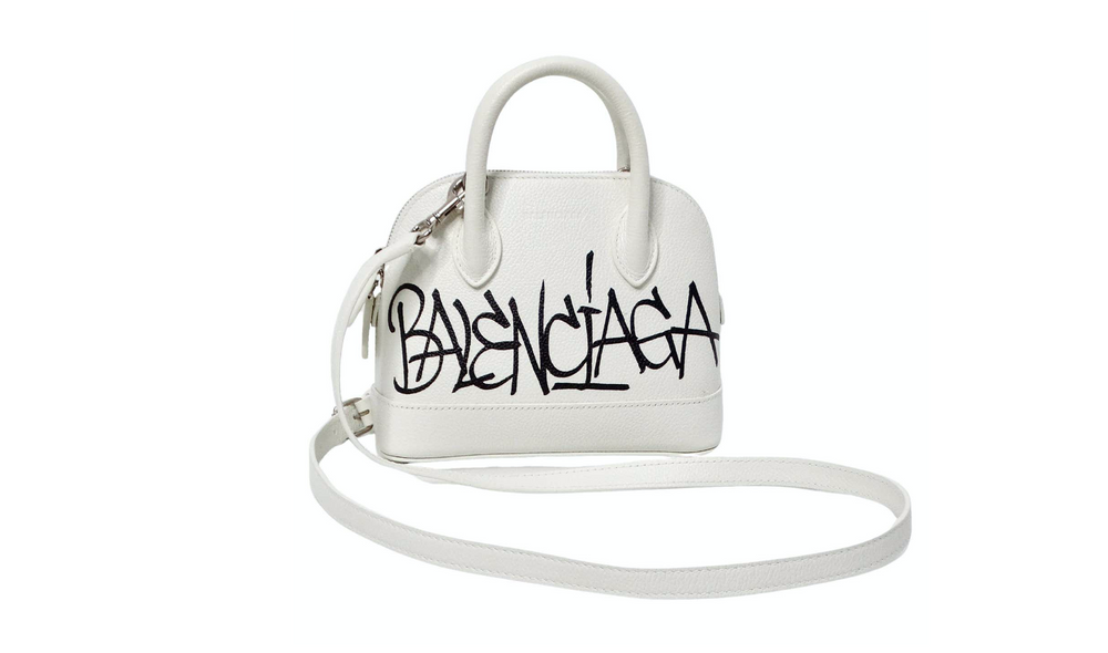 Balenciaga White Graffiti Logo Print Ville Leather XXS Mini Top Handle Bag
