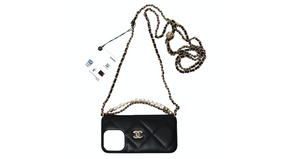 Chanel Black Quilted Lambskin Pearl Crush iPhone 15 Pro Case With Chain
