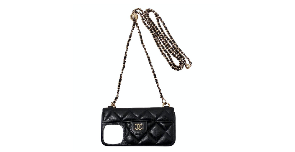 Chanel Black Caviar Quilted Leather Pearl Crush iPhone 15 Pro Case With Chain