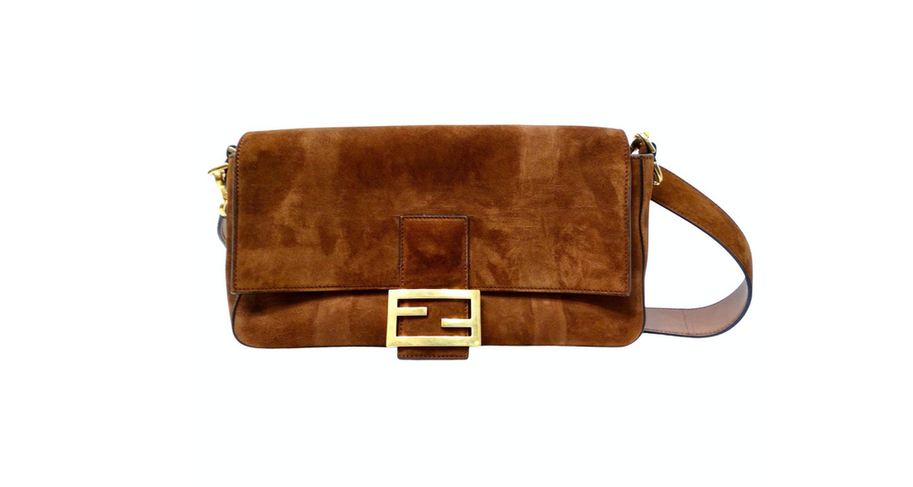 Fendi Brown Suede Leather Trimmed Cage Baguette Shoulder Bag circa 2019