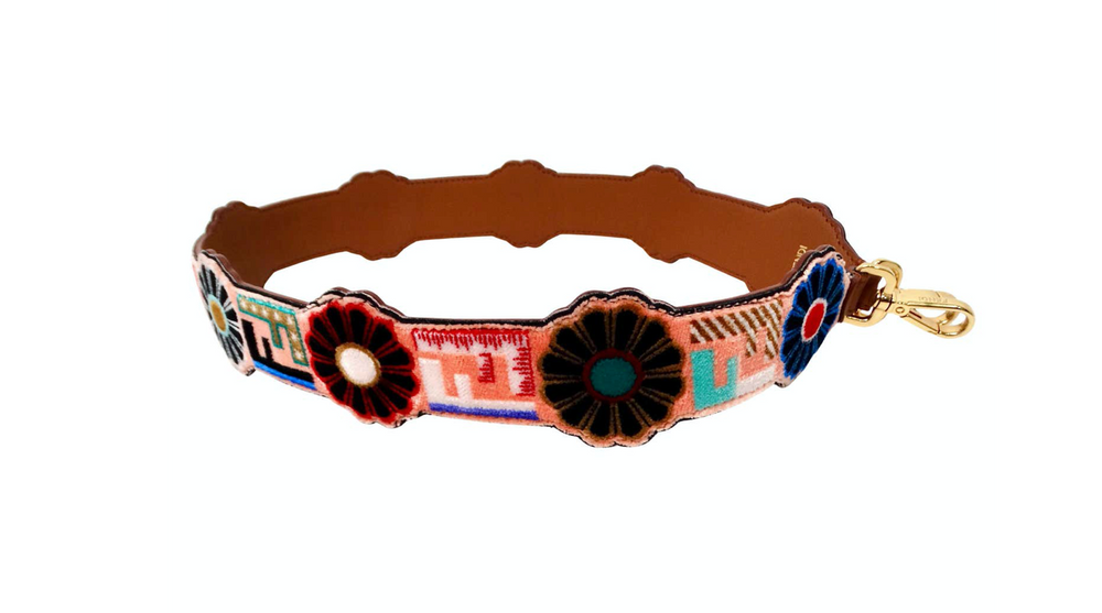 Fendi Velvet Multicolor Floral Logo Leather Bag Strap