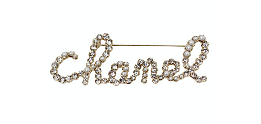 Chanel Crystal & Costume Pearl Gold-Tone "Chanel" Script Brooch 2019