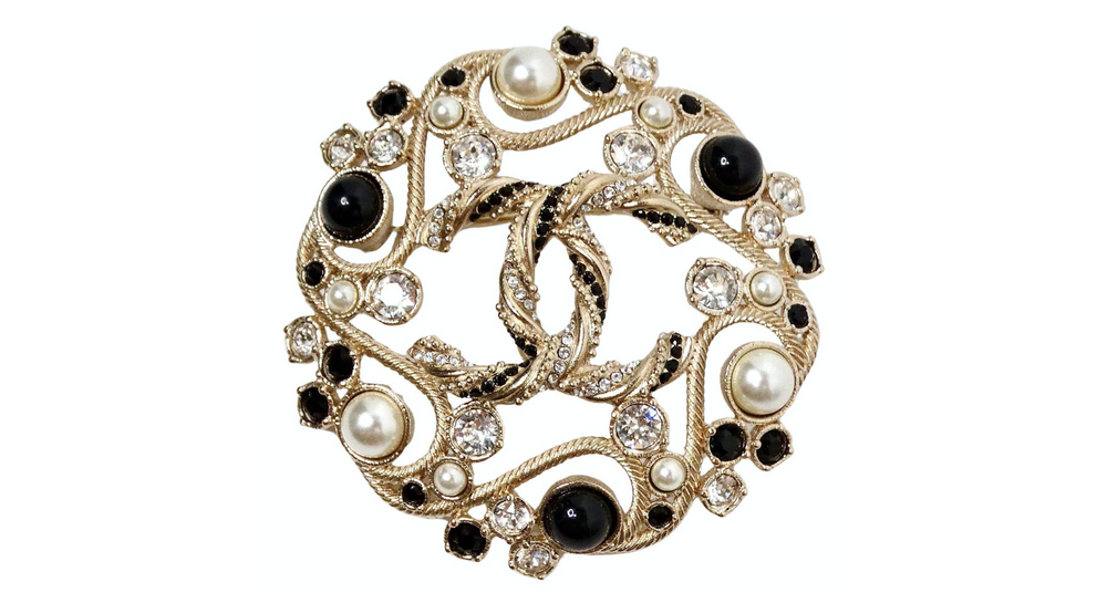 Chanel Black & Gold-Tone Costume Pearl Crystal Filigree Brooch 2019