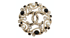 Chanel Black & Gold-Tone Costume Pearl Crystal Filigree Brooch 2019