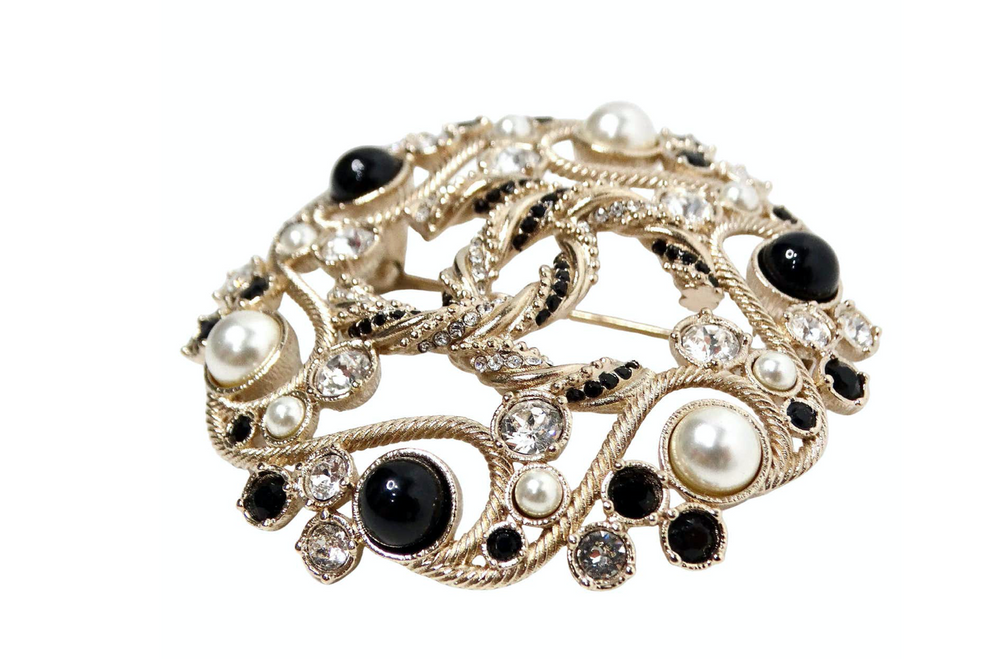 Chanel Black & Gold-Tone Costume Pearl Crystal Filigree Brooch 2019