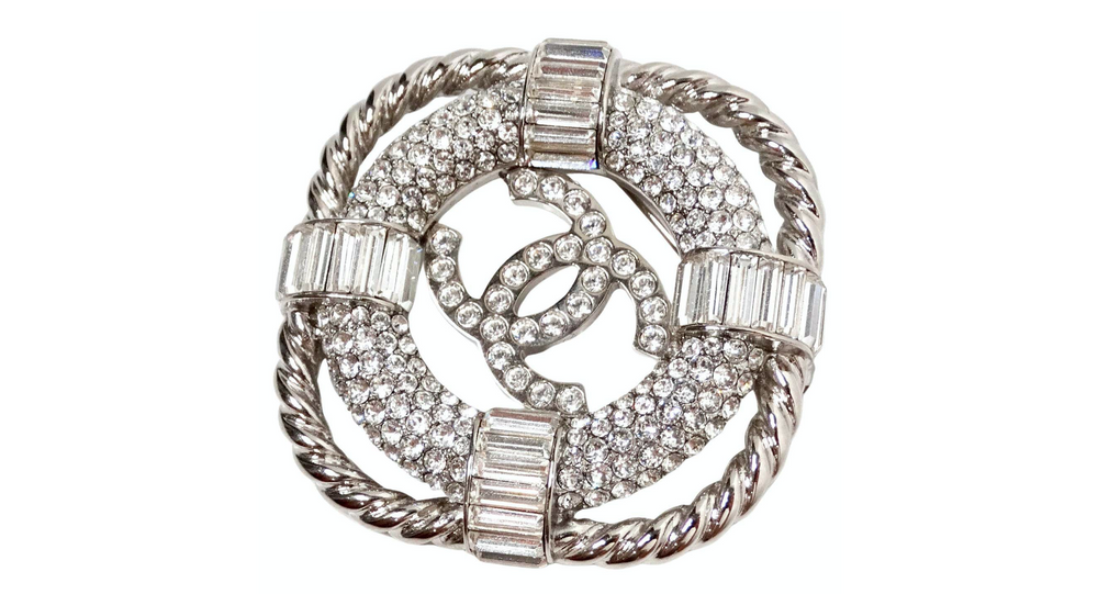 Chanel Crystal Interlocking CC Lifesaver Silver-Tone Brooch 2019