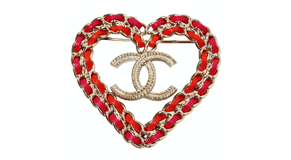 Chanel Pink & Red Leather Gold-Tone Heart Brooch 2018