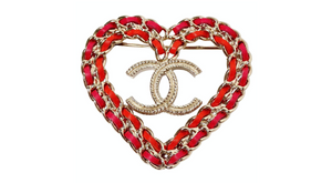 Chanel Pink & Red Leather Gold-Tone Heart Brooch 2018