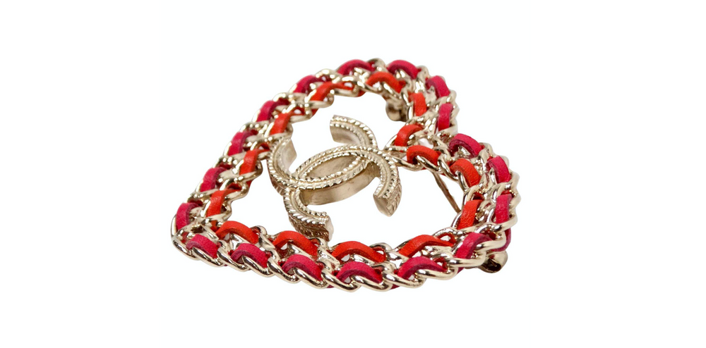 Chanel Pink & Red Leather Gold-Tone Heart Brooch 2018