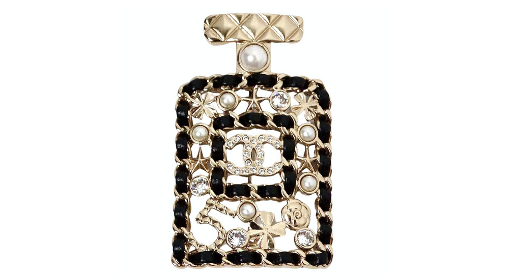 Chanel Crystal Black Leather No. 5 Perfume Bottle Style Brooch 2020