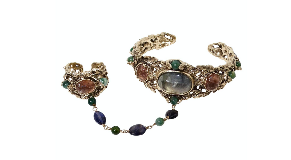 Goosens Paris Ornate Gemstone Hand Chain Cuff Bracelet With Ring
