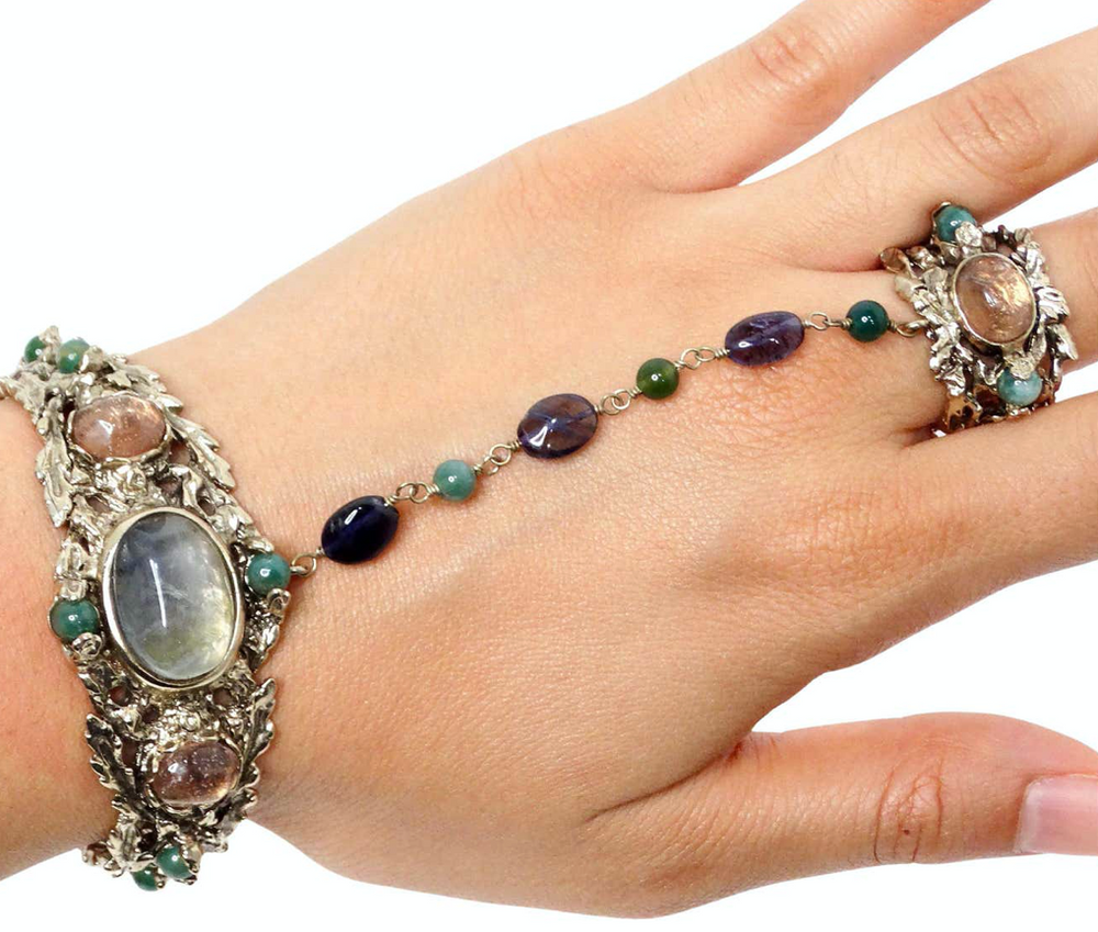 Goosens Paris Ornate Gemstone Hand Chain Cuff Bracelet With Ring