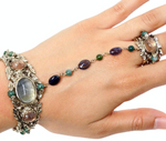 Goosens Paris Ornate Gemstone Hand Chain Cuff Bracelet With Ring
