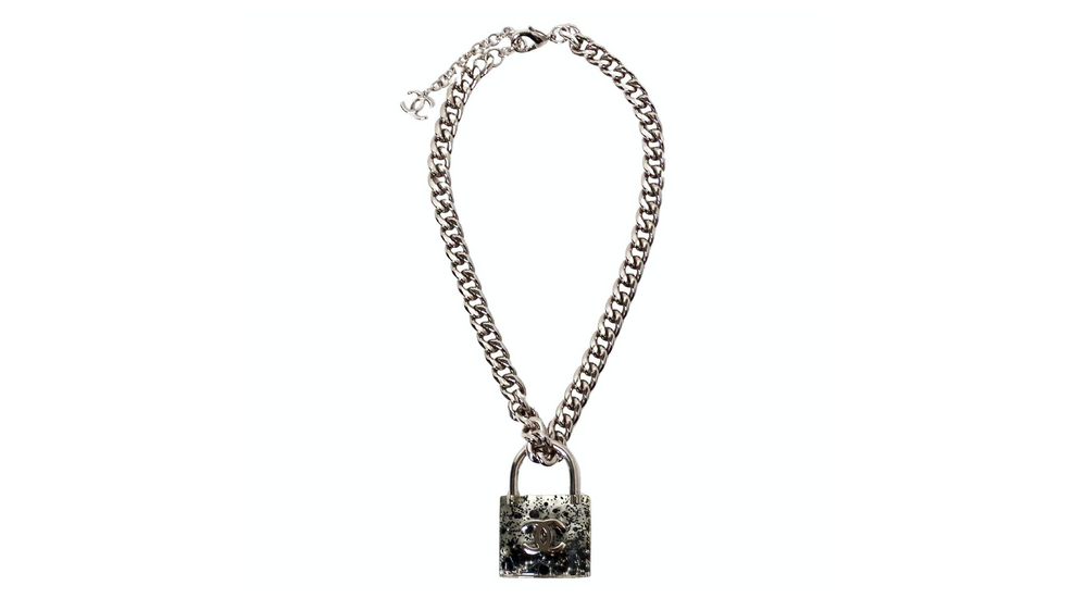 Chanel Resin Interlocking CC Padlock Silver-Tone Chainlink Necklace 2014