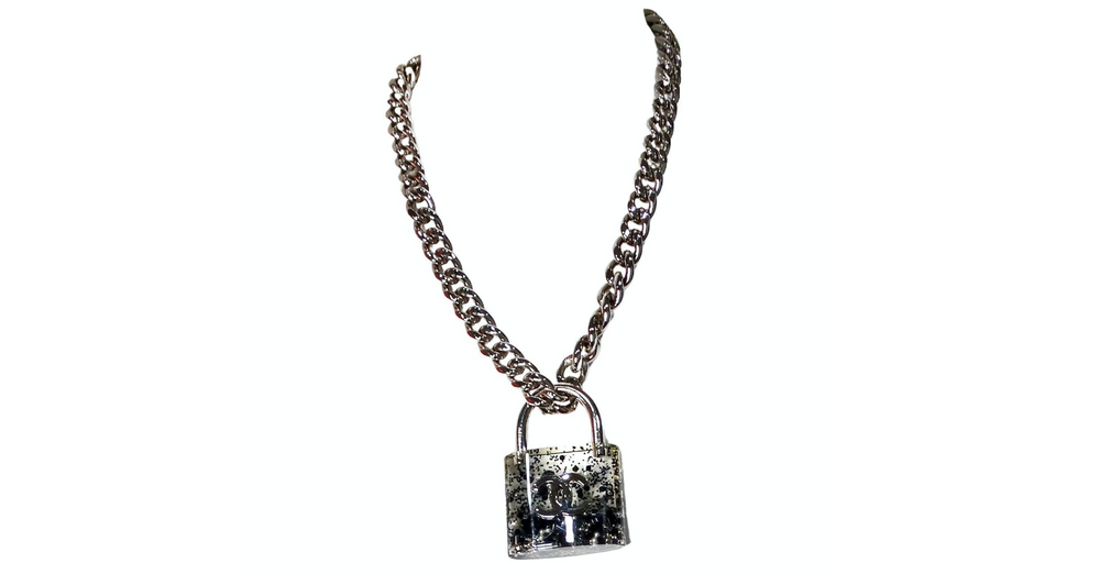 Chanel Resin Interlocking CC Padlock Silver-Tone Chainlink Necklace 2014