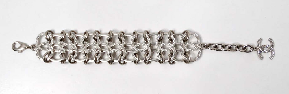 Chanel Crystal Silver-Tone Interlocking CC Chain Bracelet 2016