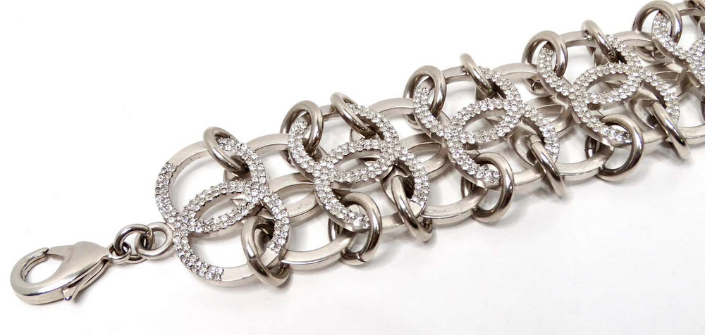 Chanel Crystal Silver-Tone Interlocking CC Chain Bracelet 2016
