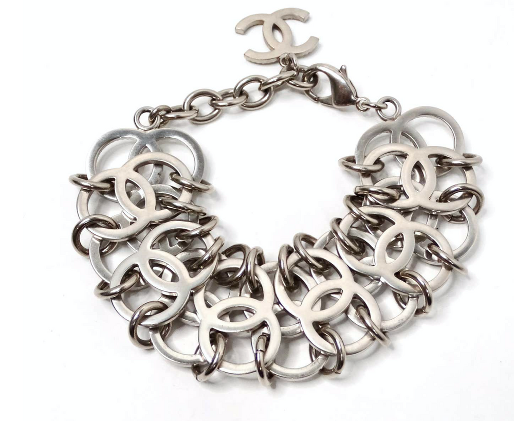 Chanel Crystal Silver-Tone Interlocking CC Chain Bracelet 2016