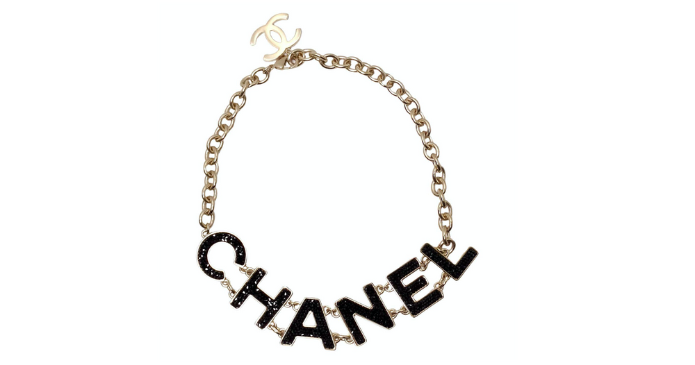 Chanel Black Crystal "CHANEL" Gold-Tone Chain Necklace 2018