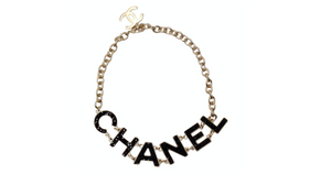 Chanel Black Crystal "CHANEL" Gold-Tone Chain Necklace 2018