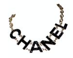 Chanel Black Crystal "CHANEL" Gold-Tone Chain Necklace 2018