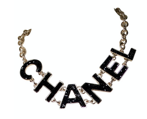 Chanel Black Crystal "CHANEL" Gold-Tone Chain Necklace 2018