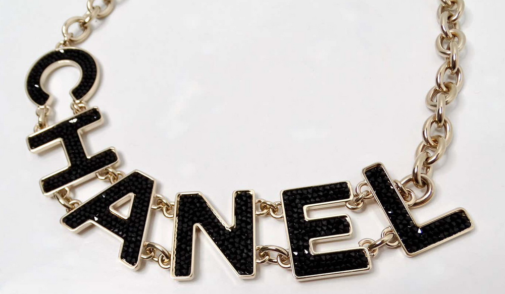 Chanel Black Crystal "CHANEL" Gold-Tone Chain Necklace 2018