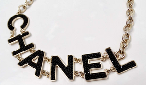 Chanel Black Crystal "CHANEL" Gold-Tone Chain Necklace 2018