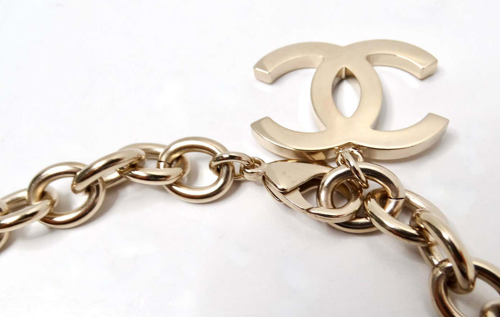 Chanel Black Crystal "CHANEL" Gold-Tone Chain Necklace 2018