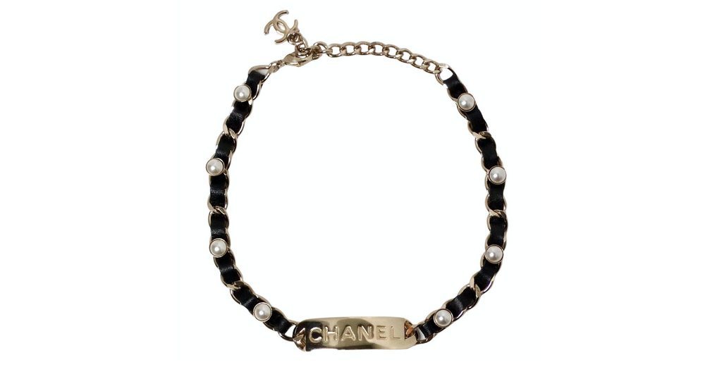 Chanel Name Plate Leather & Costume Pearl Choker Necklace 2019