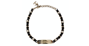 Chanel Name Plate Leather & Costume Pearl Choker Necklace 2019
