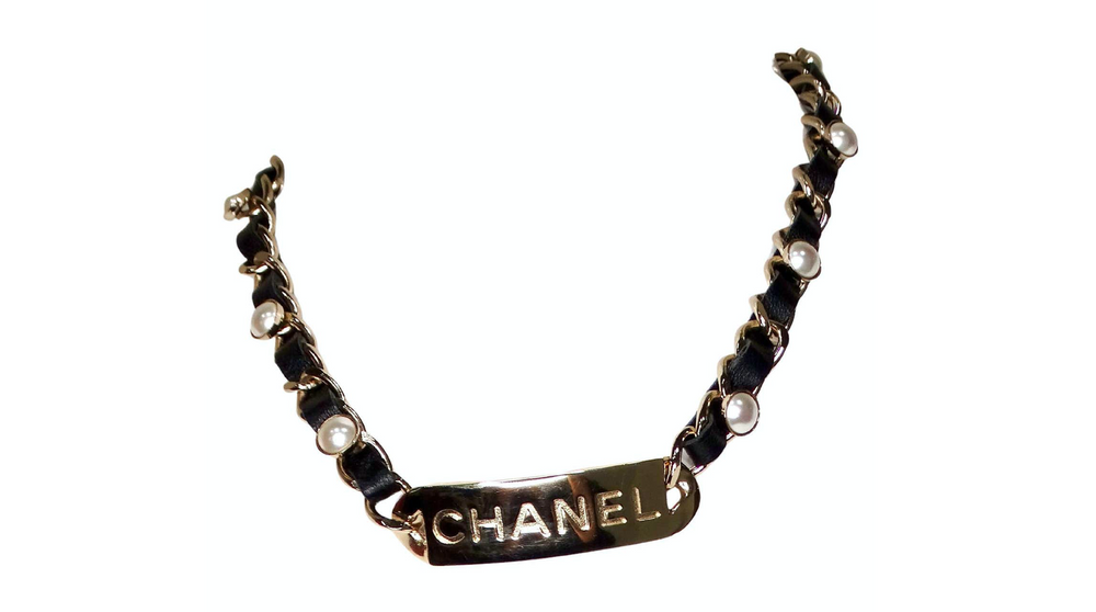 Chanel Name Plate Leather & Costume Pearl Choker Necklace 2019