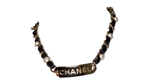 Chanel Name Plate Leather & Costume Pearl Choker Necklace 2019