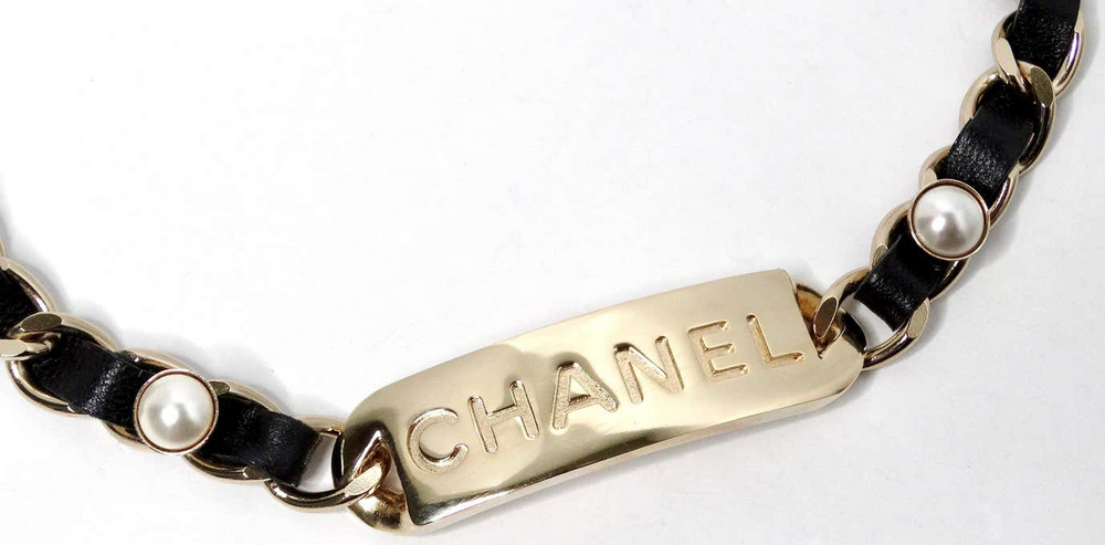 Chanel Name Plate Leather & Costume Pearl Choker Necklace 2019