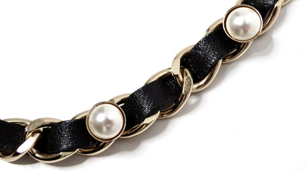 Chanel Name Plate Leather & Costume Pearl Choker Necklace 2019