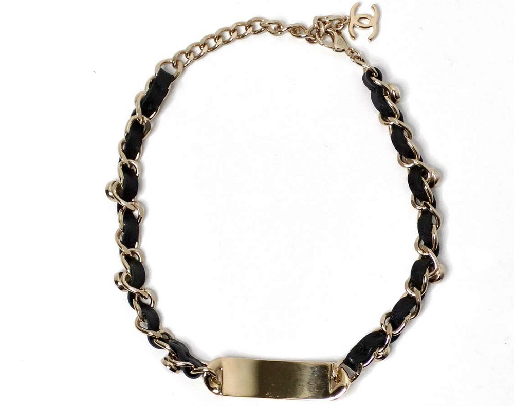 Chanel Name Plate Leather & Costume Pearl Choker Necklace 2019