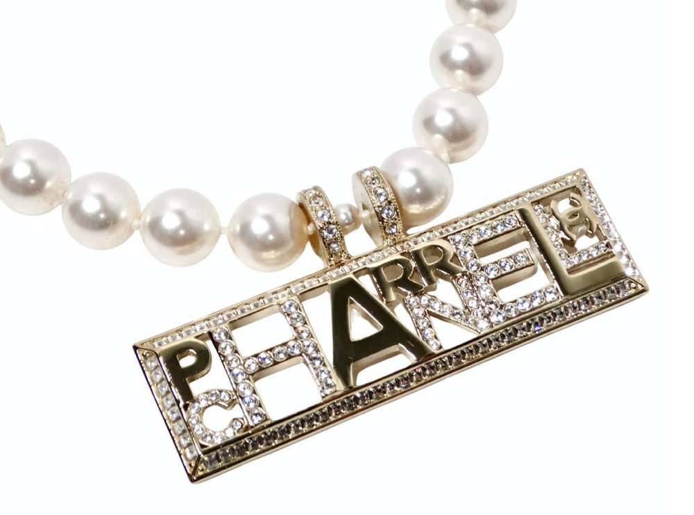 Chanel x Pharrell Williams Crystal Logo Costume Pearl Necklace 2019