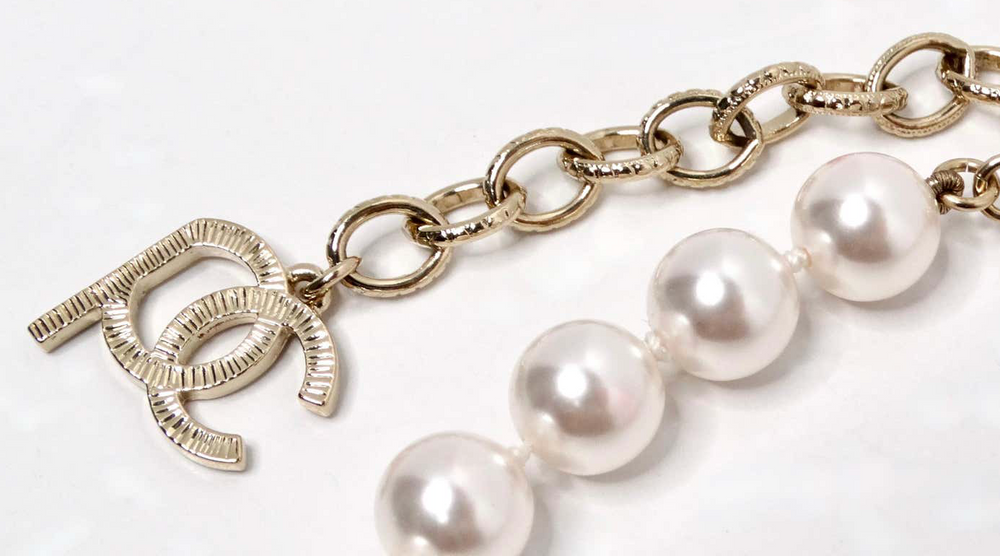Chanel x Pharrell Williams Crystal Logo Costume Pearl Necklace 2019