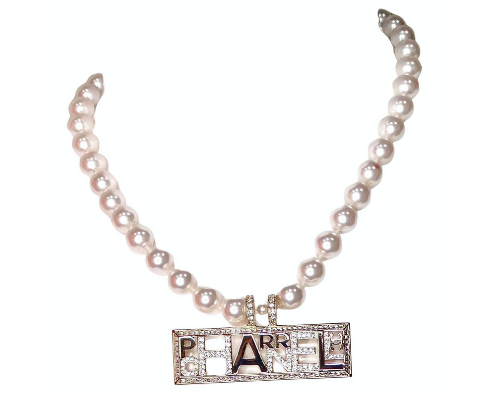 Chanel x Pharrell Williams Crystal Logo Costume Pearl Necklace 2019
