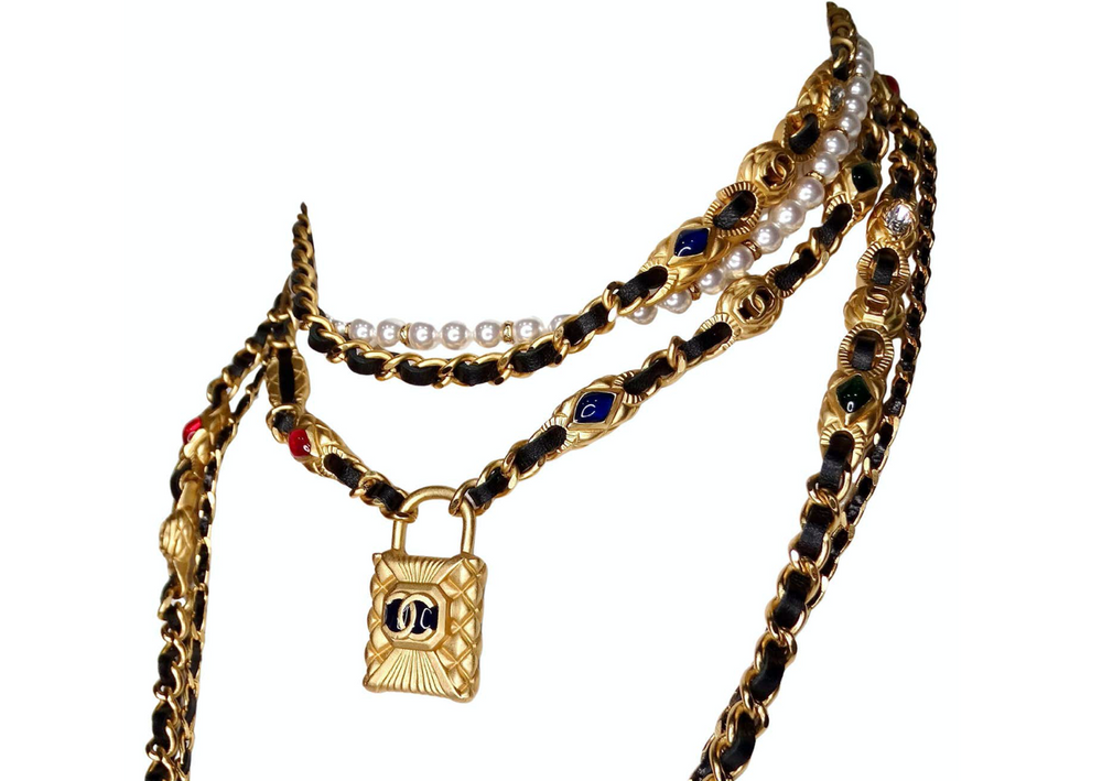 Chanel Gripoix Leather Gold-Tone Chain Multi-Strand Necklace 2020