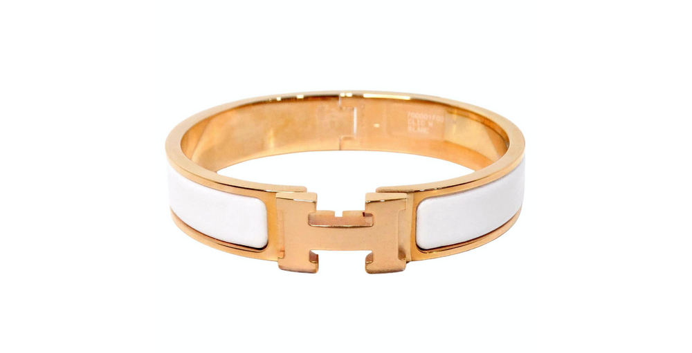 Hermes Clic H 18k Gold Plated & White Enamel Bangle Bracelet