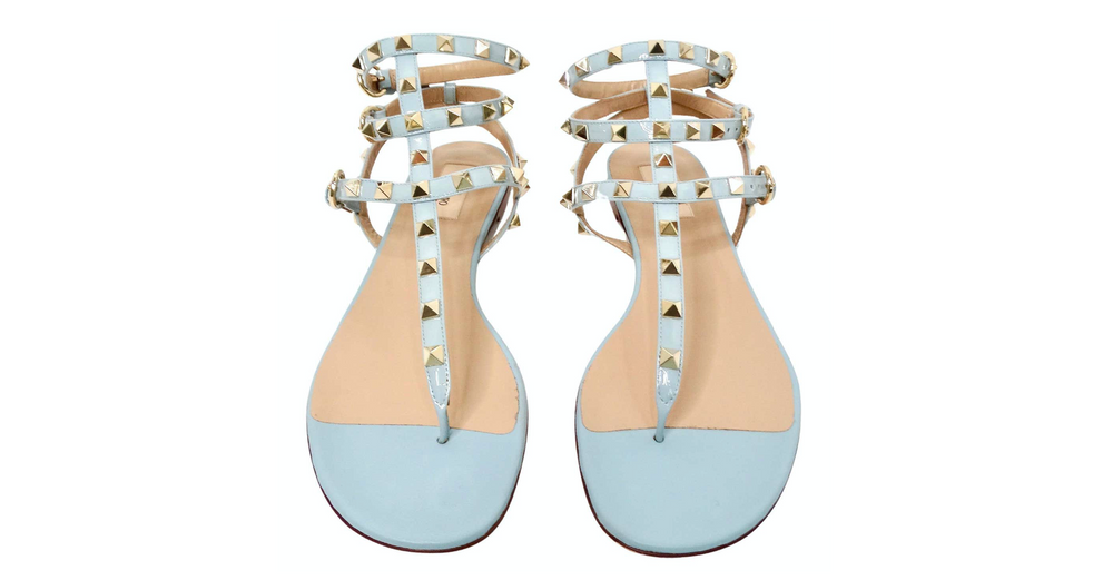 Valentino Garavani Light Blue Rockstud Flat Patent Leather Sandals