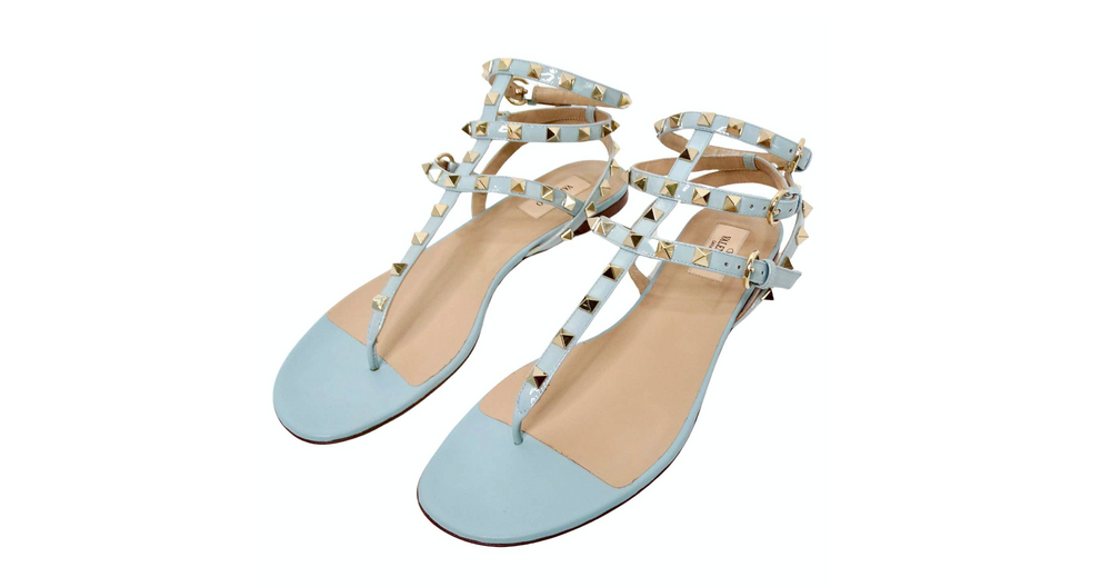 Valentino Garavani Light Blue Rockstud Flat Patent Leather Sandals