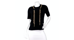 Chanel Black & Gold-Tone Interlocking CC Chain Drop Ribbed Wool Top