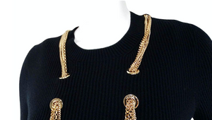 Chanel Black & Gold-Tone Interlocking CC Chain Drop Ribbed Wool Top
