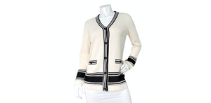 Chanel White & Black Striped V-Neck Cardigan 2019