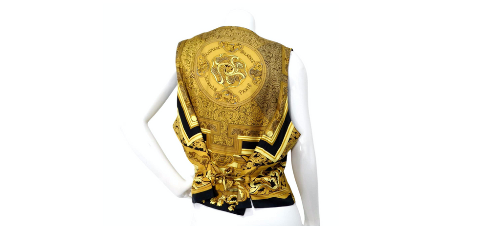 Hermes Black & Gold Des Tuileries Silk Print Vest circa 1990s